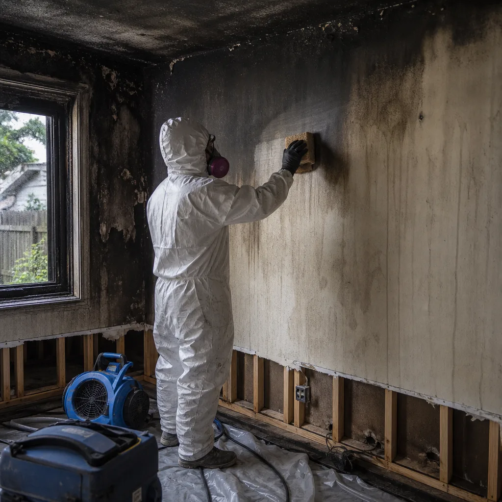 Restoration professional cleaning soot from a fire damaged wall