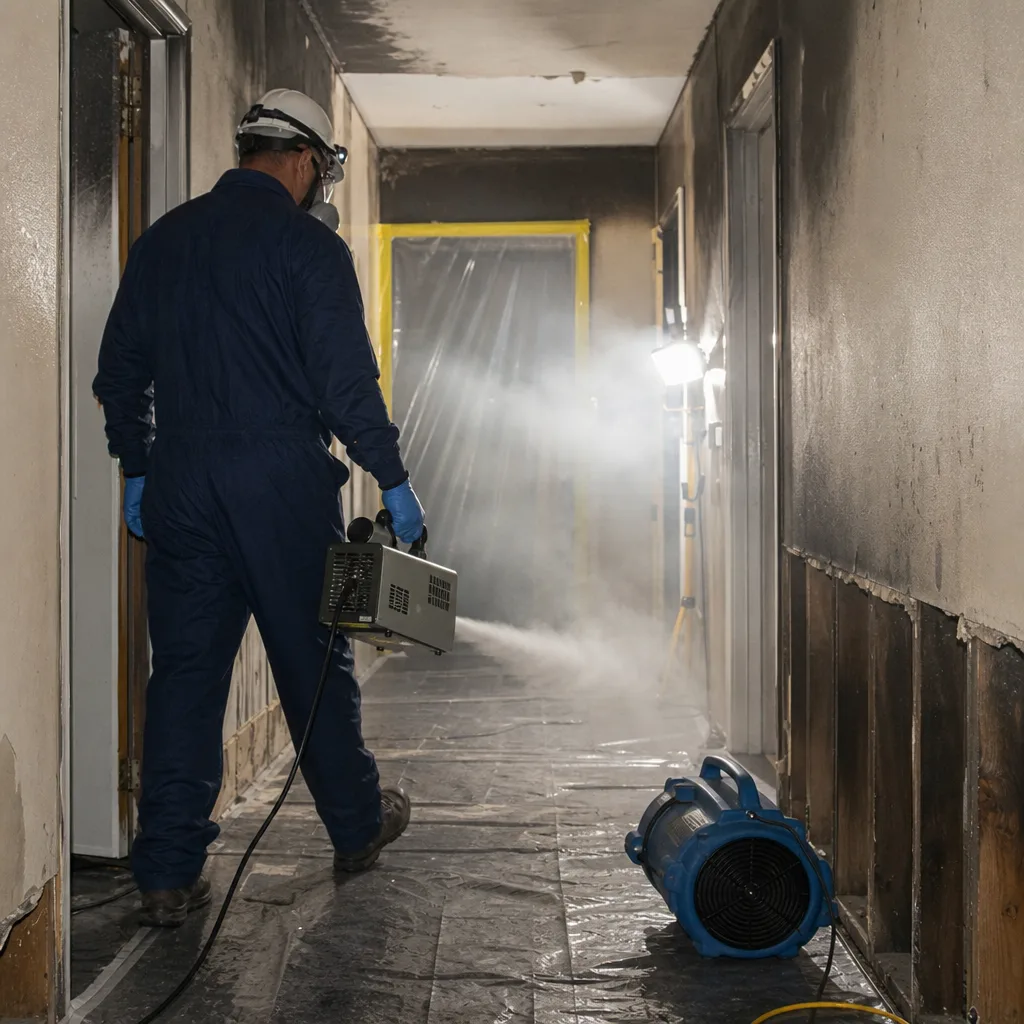 Technician performing fire and smoke damage restoration in a hallway