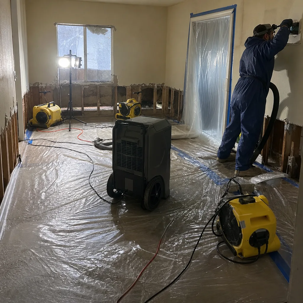 Technician in protective gear performing professional water damage restoration services