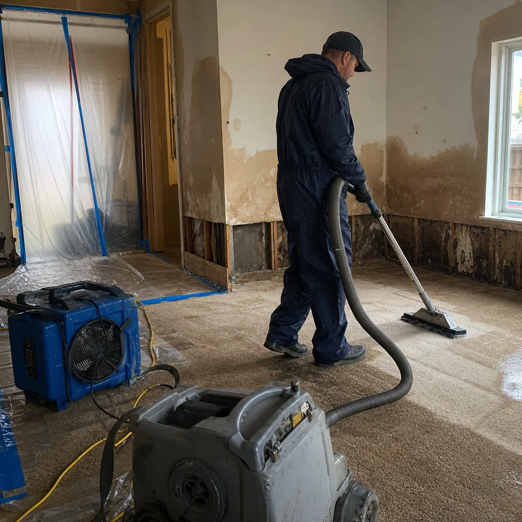 Technician performing professional water damage restoration in a residential home
